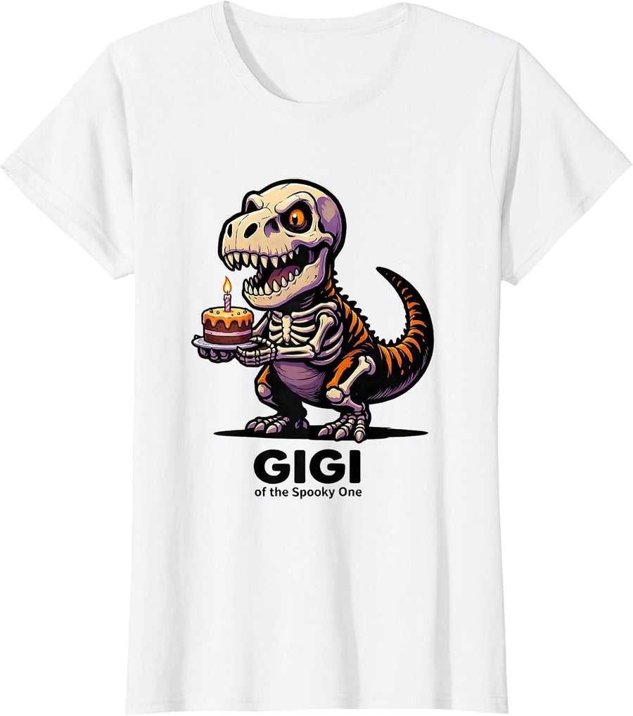 Women's Gigi of the Spooky One Cartoon Halloween Birthday Party T-Shirt - White