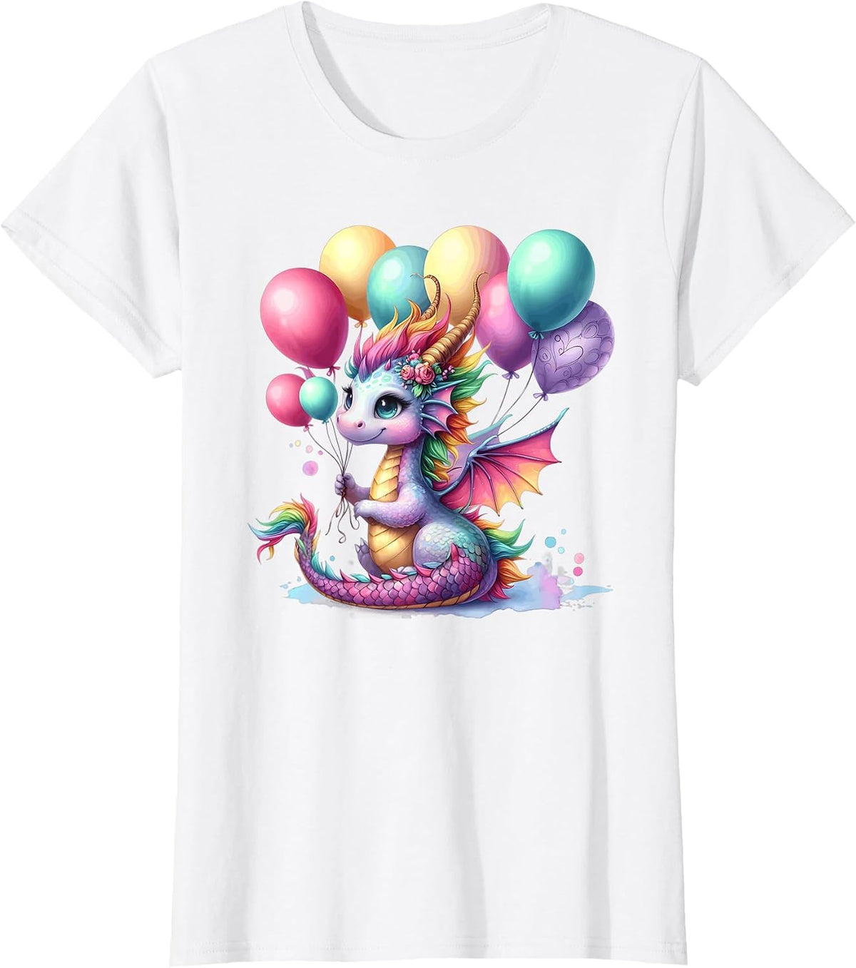 Happy Dragon Pastel Birthday Balloons Magical Party Theme T-Shirt - White