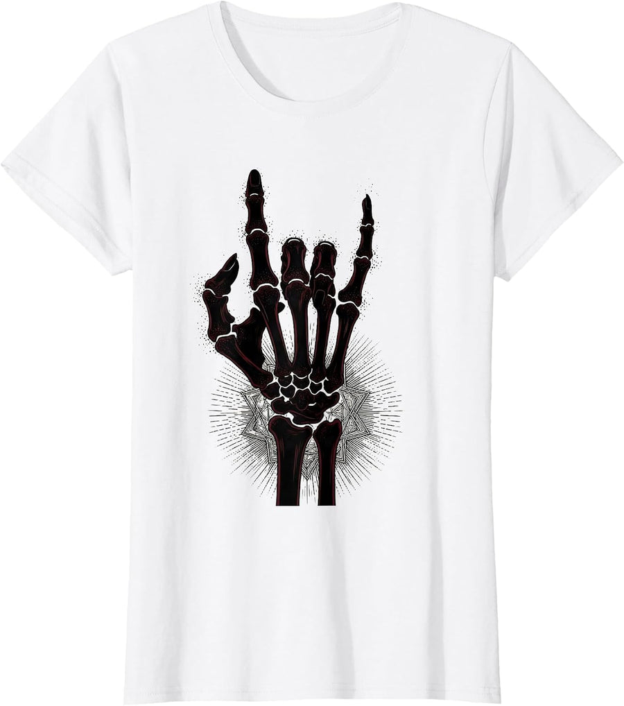 Women's Skeleton Hand Rock and Roll Radiology Sign T-Shirt - White