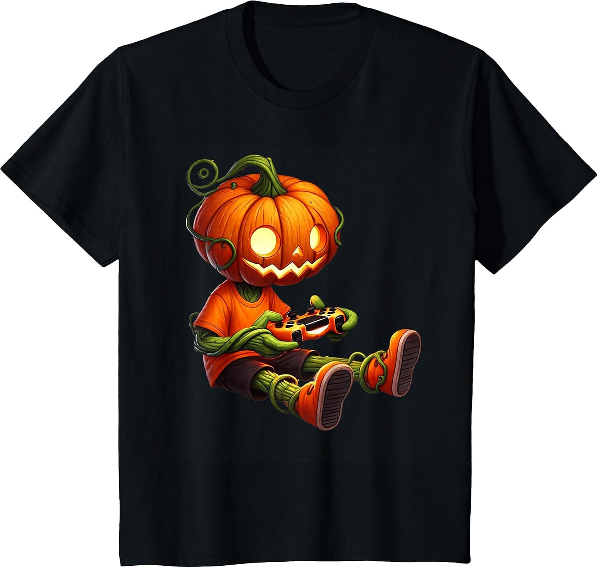 Halloween Pumpkins Head Gamer Video Gaming Boys Men Kids T-Shirt - Black