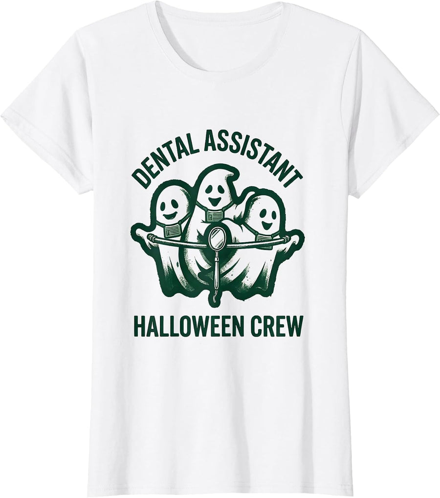 Women's Dental Assistant Halloween Crew Rubber Stamp Medical T-Shirt - White