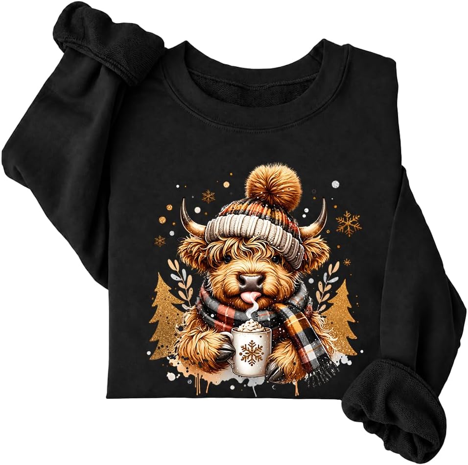 Highland Cow Sweatshirt Cute Christmas Cow Crewneck Long Sleeve - Crew Neck Black-1