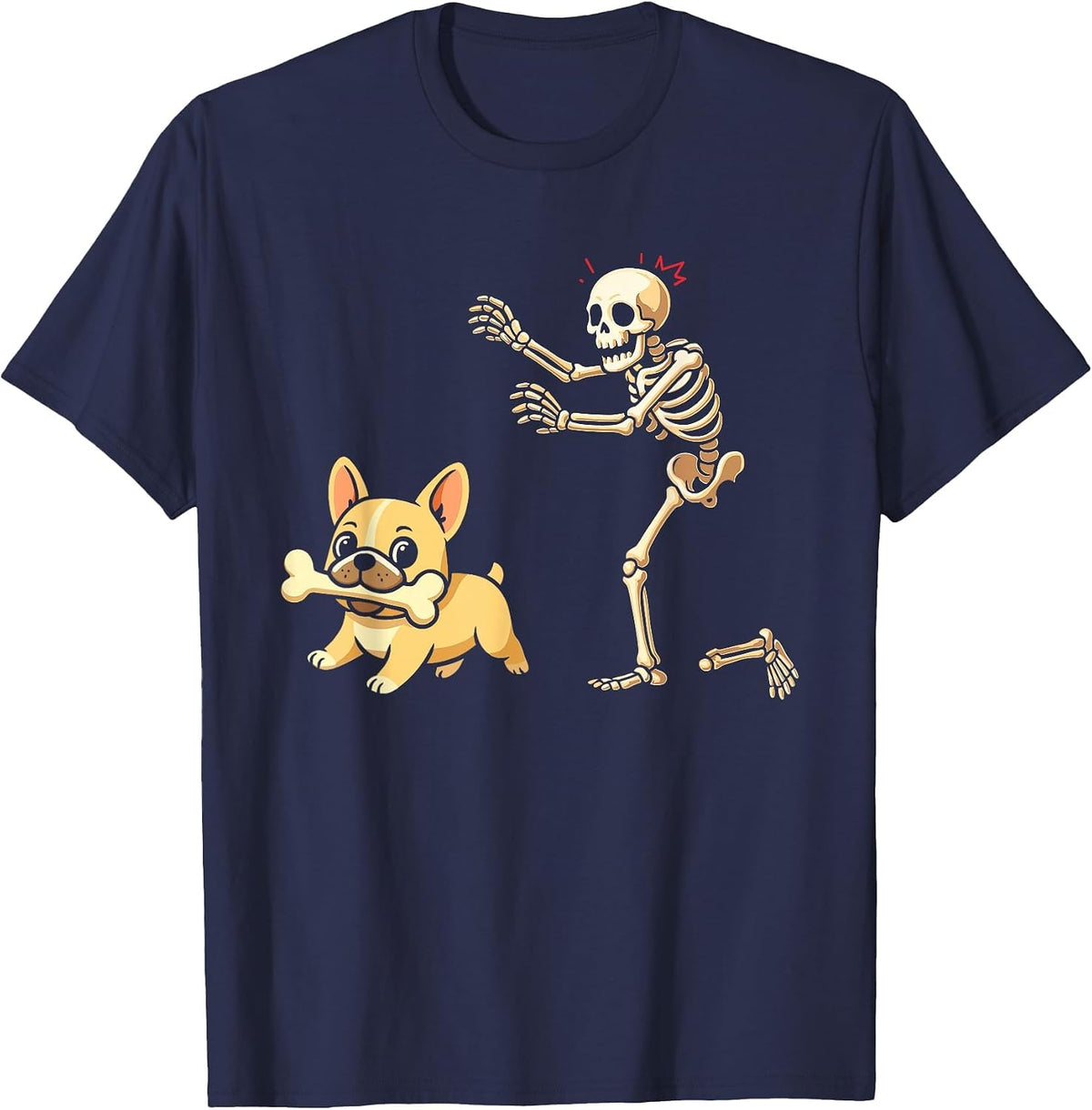 Halloween Dog Funny Skeleton Chasing French Bulldog T-Shirt - Navy Blue