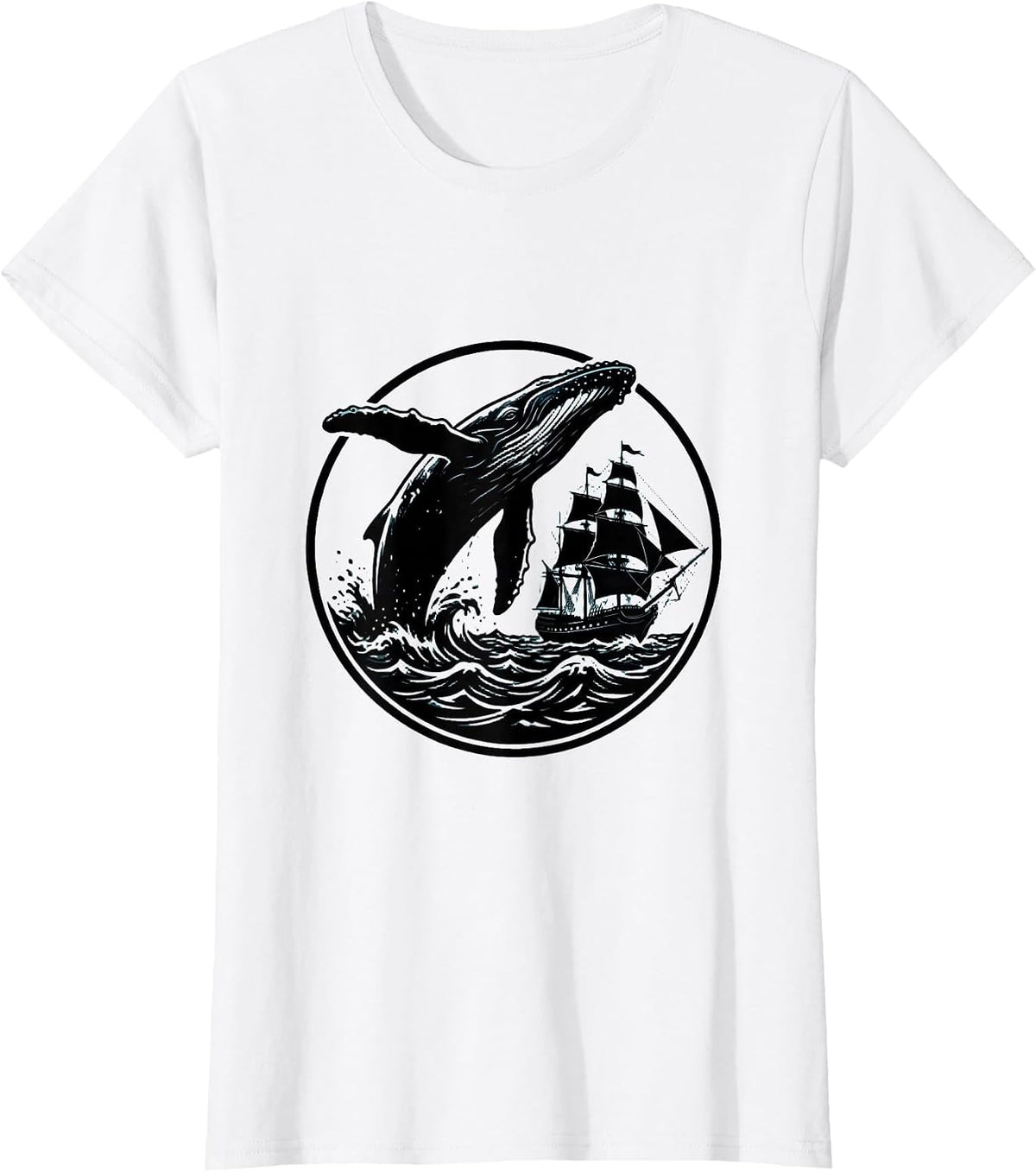 Whale Breaching Tall Sailing Ship Navy Graphic T-Shirt - White