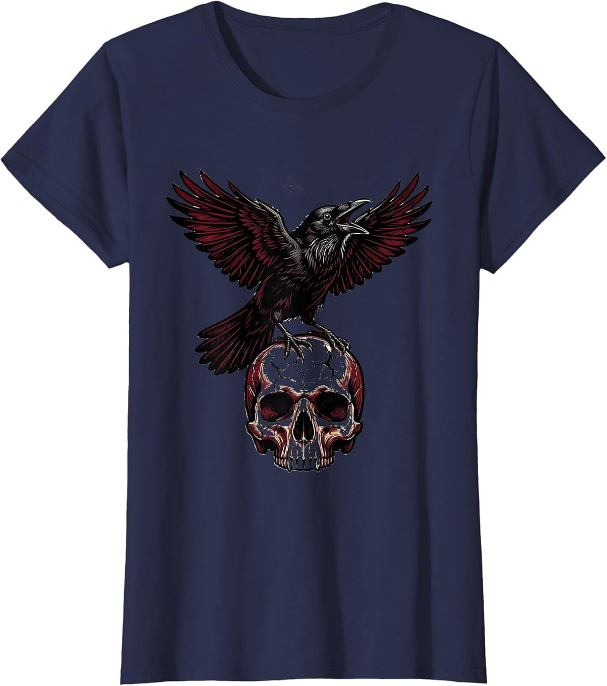 Women's Crow on Cracked Skull Heavy Metal Graphic T-Shirt - Navy Blue