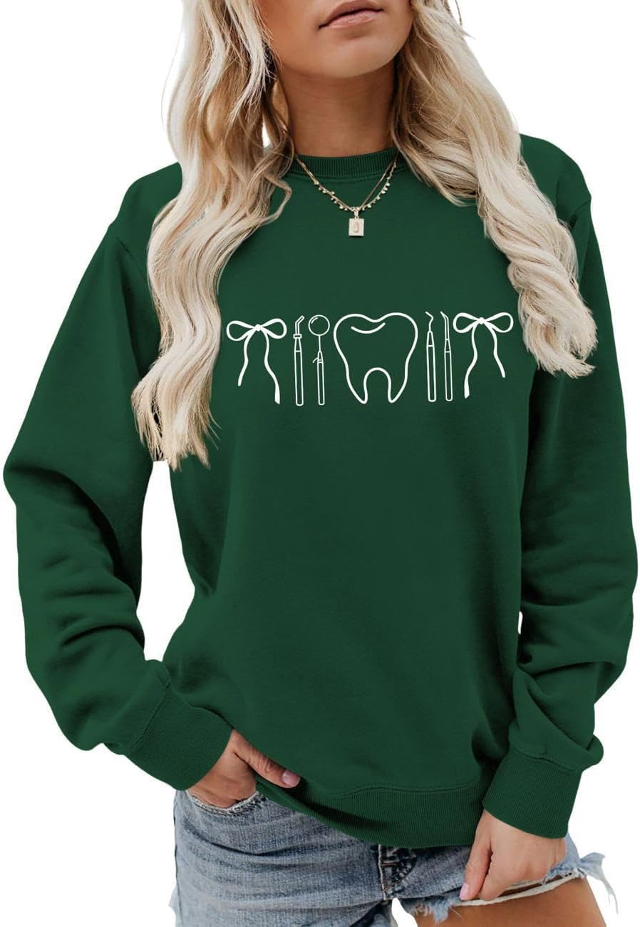 Dental Hygienist Sweatshirt, Dentist Assistant Sweater Womens Teeth Tools Bow Pattern Long Sleeve Pullover Top - Dark Green