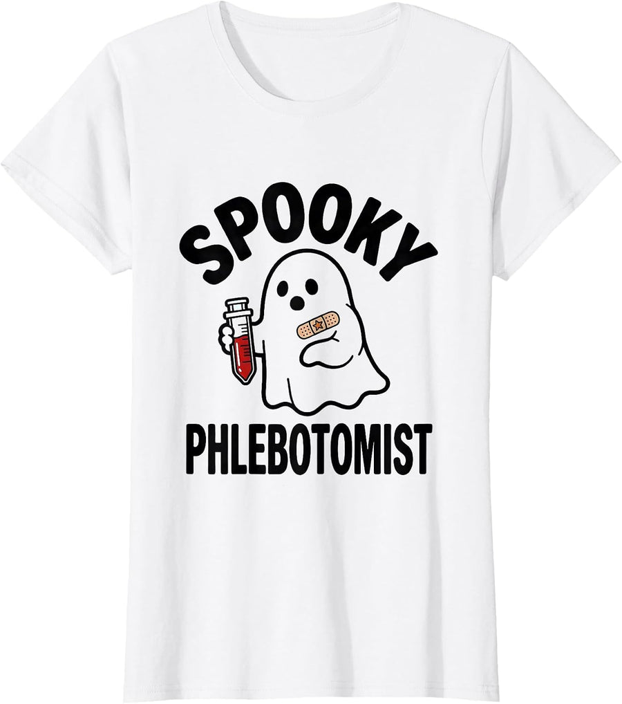 Women's Spooky Phlebotomist Cute Ghost Phlebotomy Tech Halloween T-Shirt - White