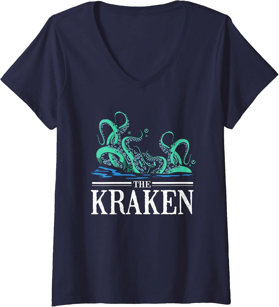 Women's Octopus The Kraken V-Neck T-Shirt - Navy Blue