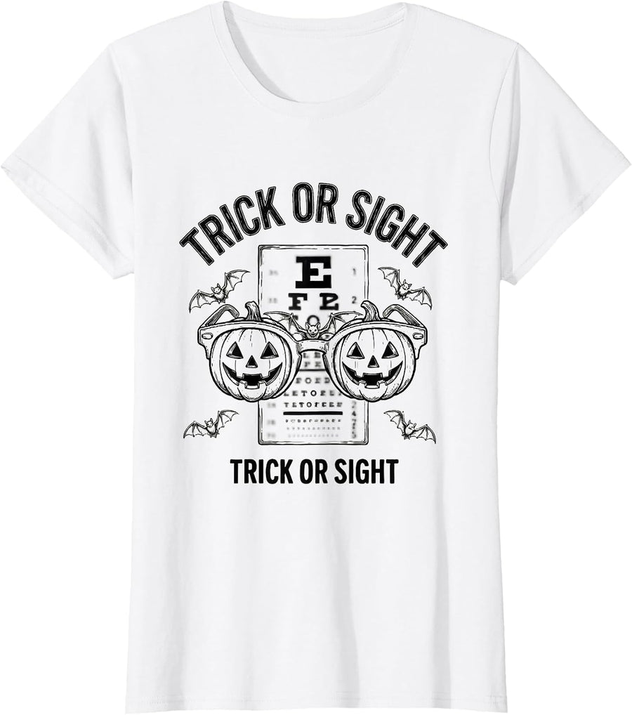 Women's Trick or Sight Line Art Halloween Optometrist Eye Doctor T-Shirt - White