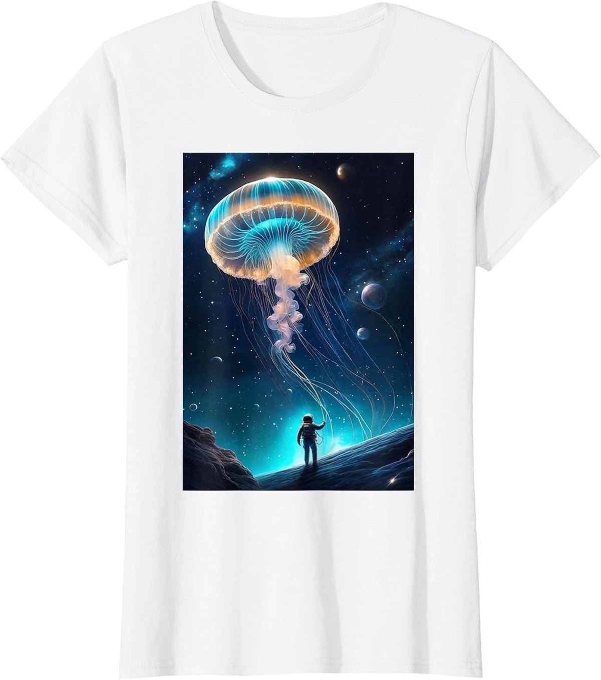Trippy Astronaut Jellyfish Cosmic Space Aquarium Graphic T-Shirt - White