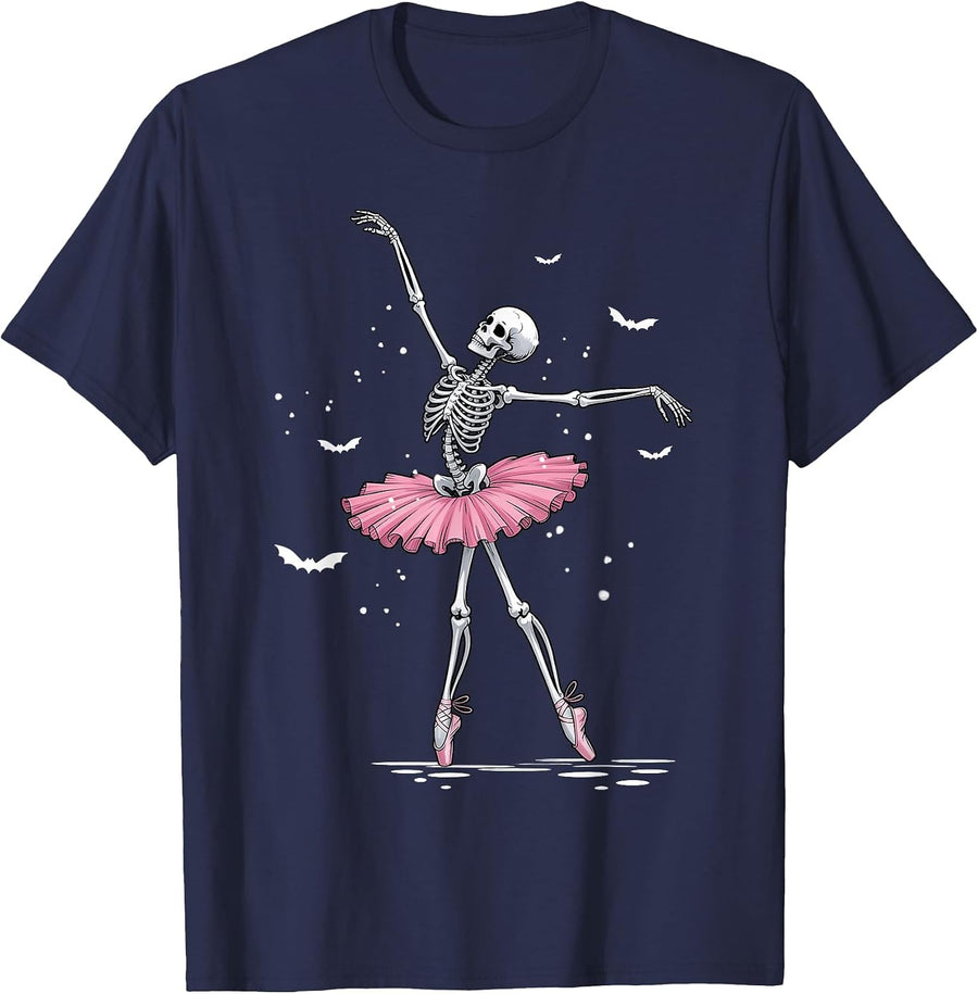 Ballerina Ballet Dance Halloween Dancing Skeleton Women Girl T-Shirt - Navy Blue