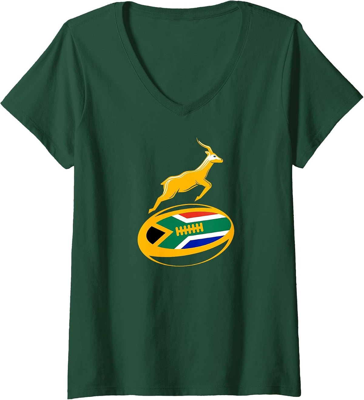 Women's Springbok Rugby Ball & South African Flag. Men, Women & Kids V-Neck T-Shirt - Dark Green