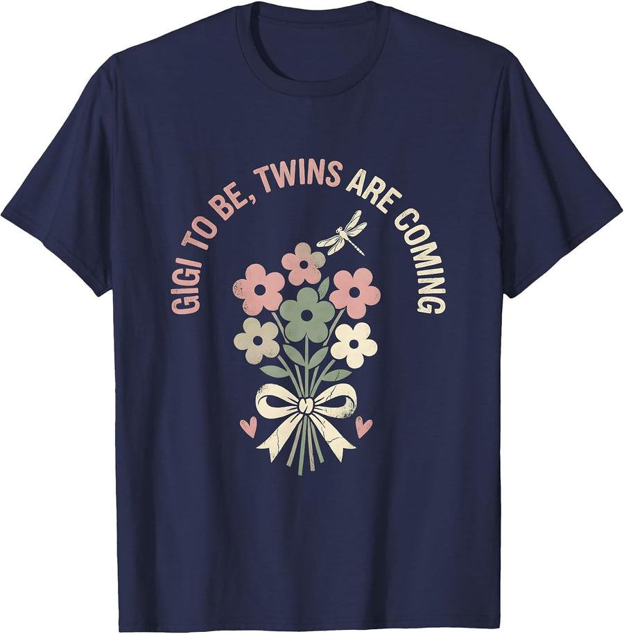 Gigi To Be Twins Are Coming Floral Boho Pregnancy T-Shirt - Navy Blue