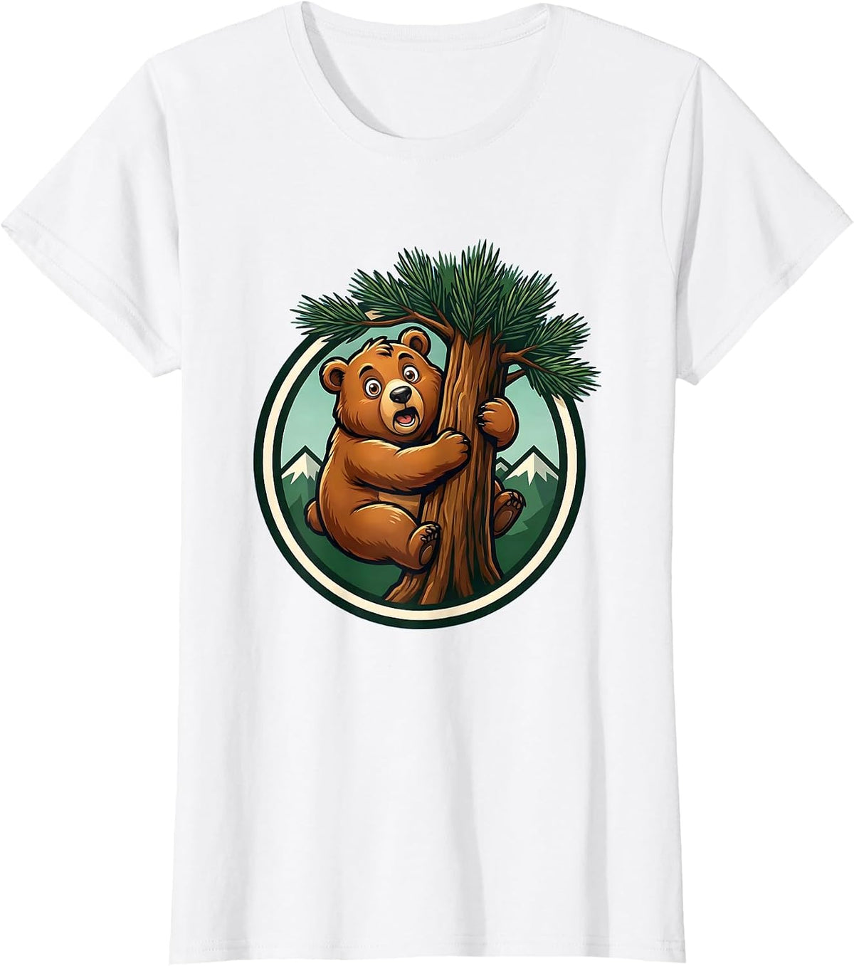 Bear Cub Climbing Pine Tree Nature Illustration T-Shirt - White