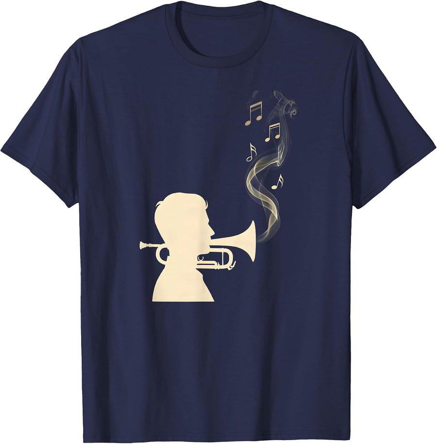 Trumpet Smoke Musical Notes Jazz Illustration T-Shirt - Navy Blue