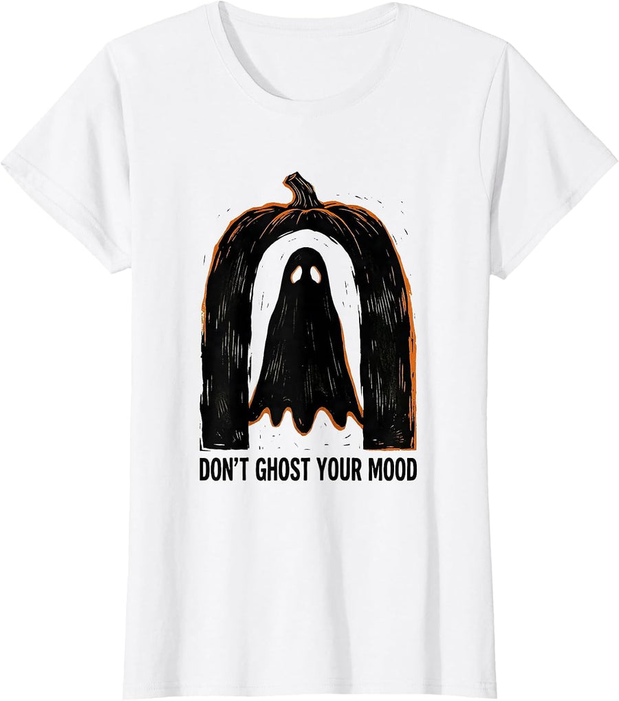 Women's Don't Ghost Your Mood Linocut Halloween Mental Health T-Shirt - White