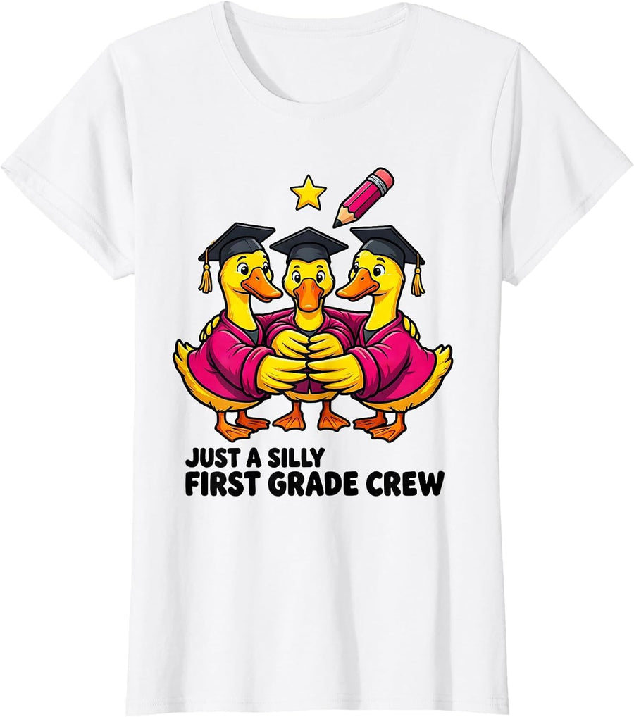 Women's Just A Silly First Grade Crew Funny First Grade Teacher Back T-Shirt - White