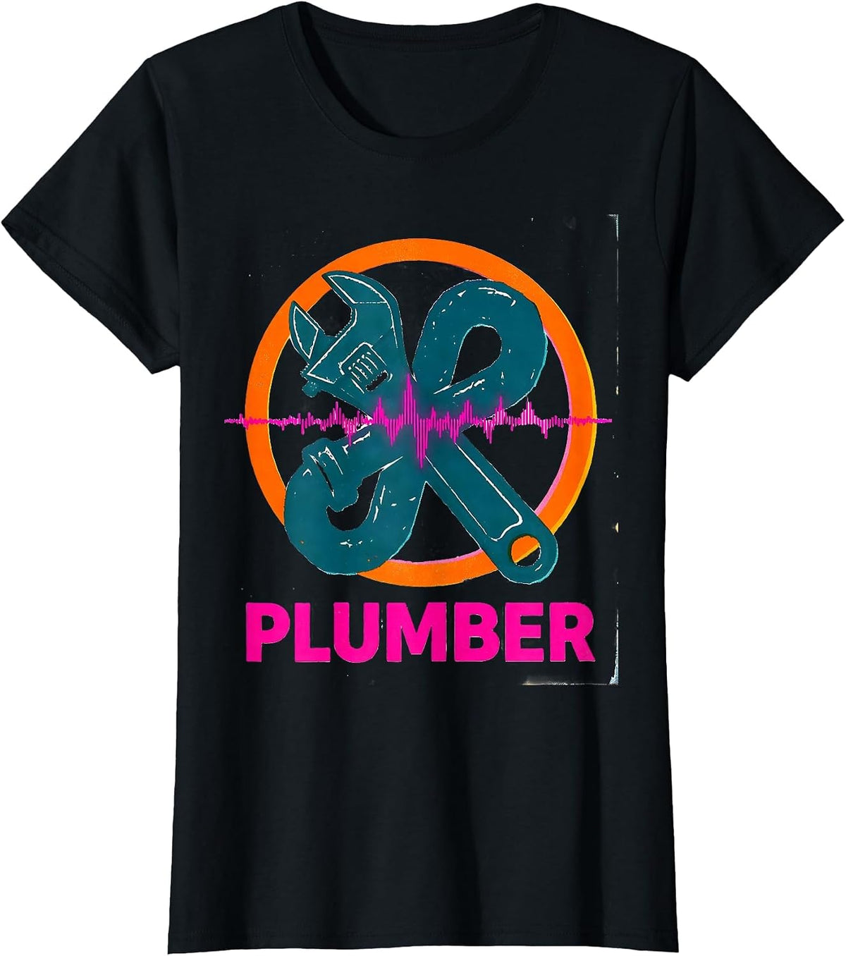 Women's Plumber Risograph Heartbeat Pulse Line Profession Identity T-Shirt - Black