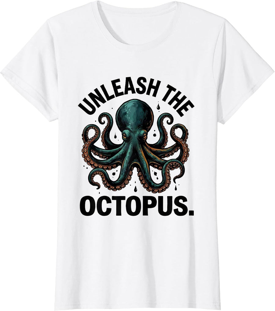 Women's Unleash The Octopus Funny Octopus Lover Vintage Japanese Sea T-Shirt - White