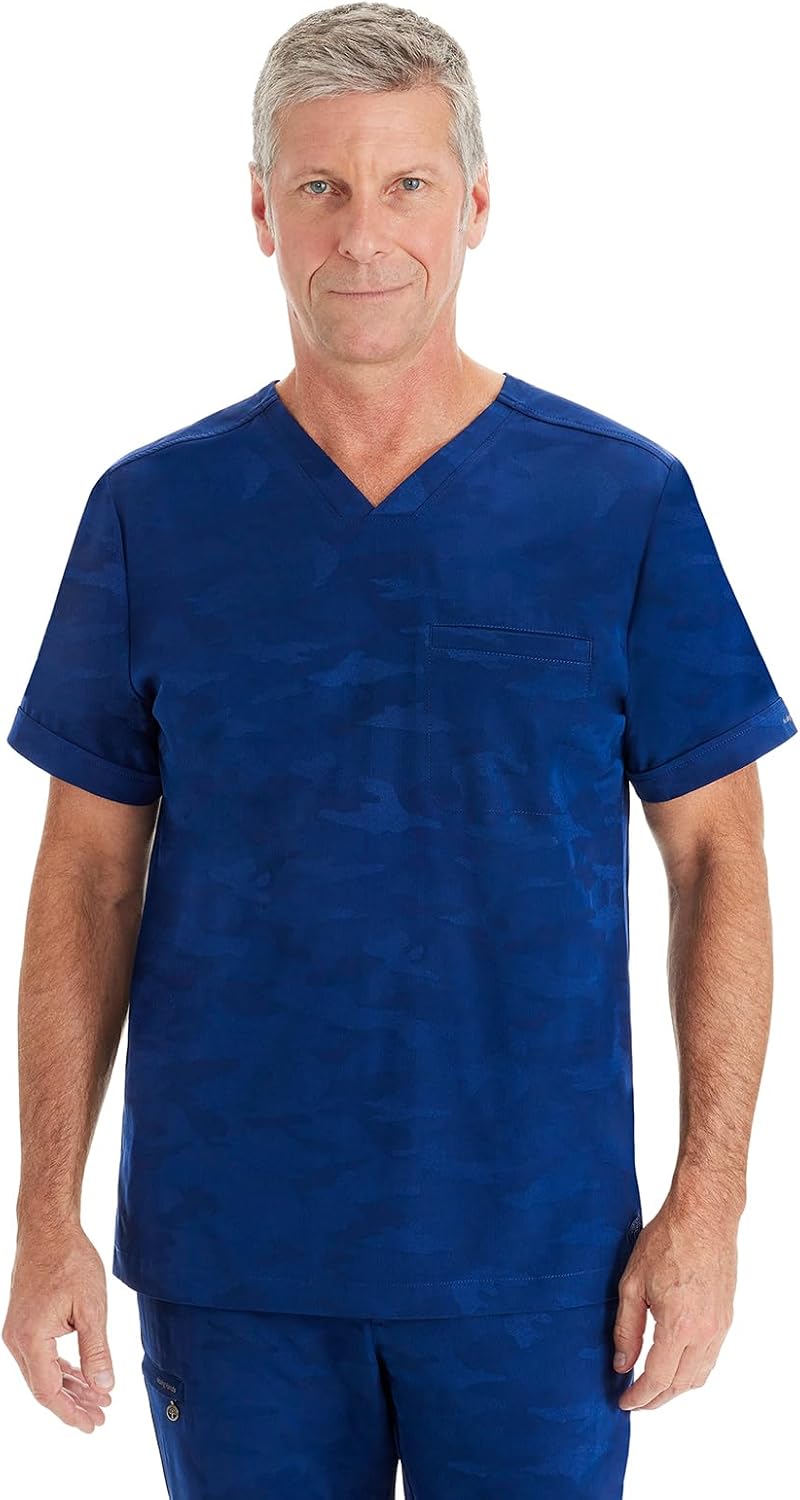 Healing Hands Jack Camo Scrubs for Men V-Neck Scrub Top with Chest Pocket - Navy