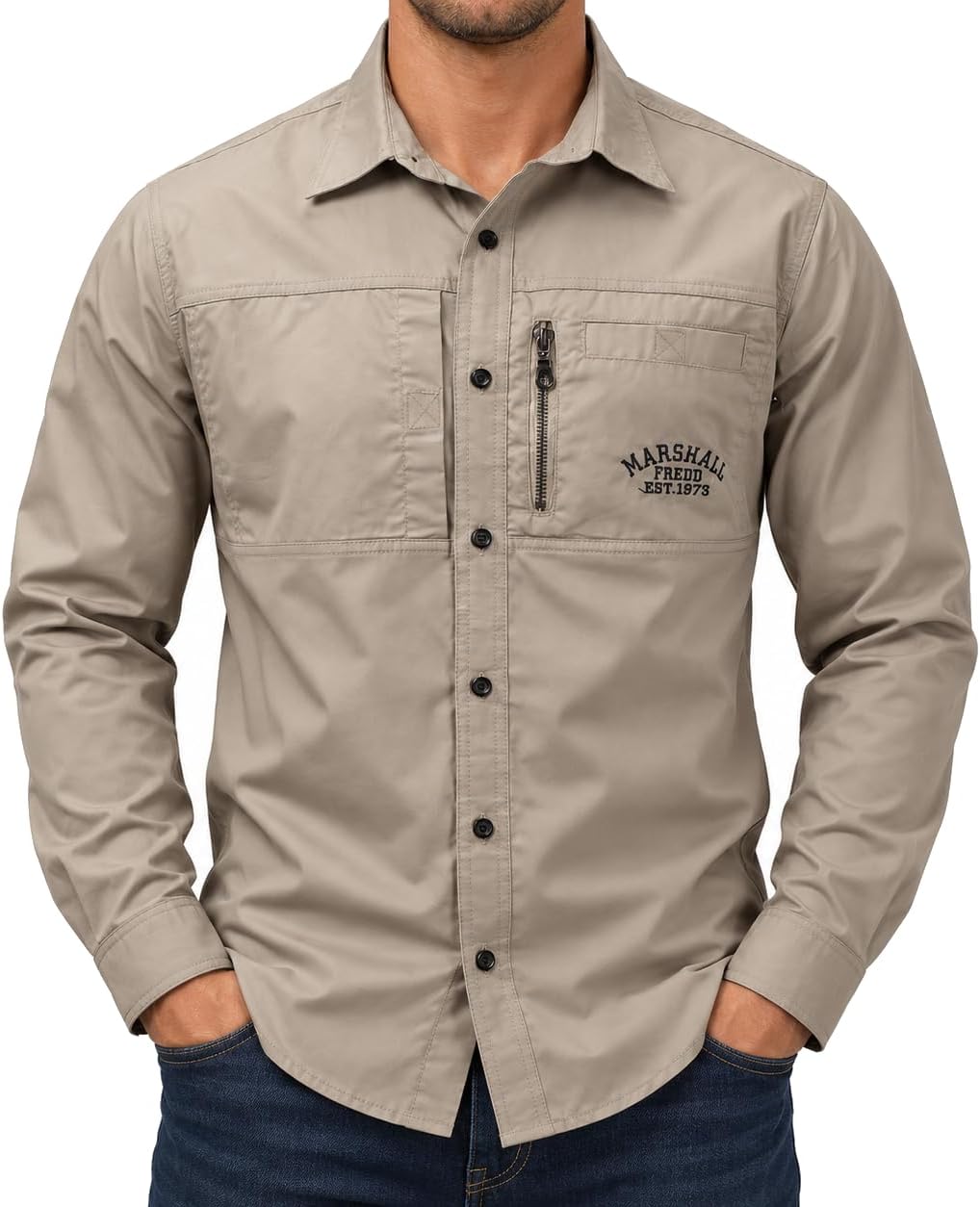 FREDD MARSHALL Men's Long Sleeve Cotton Military Work Shirt - #117 Khaki