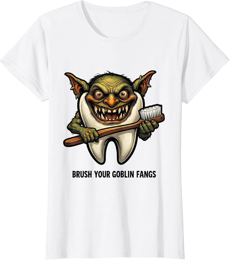 Women's Brush Your Goblin Fangs Funny Dentist Halloween Dental T-Shirt - White
