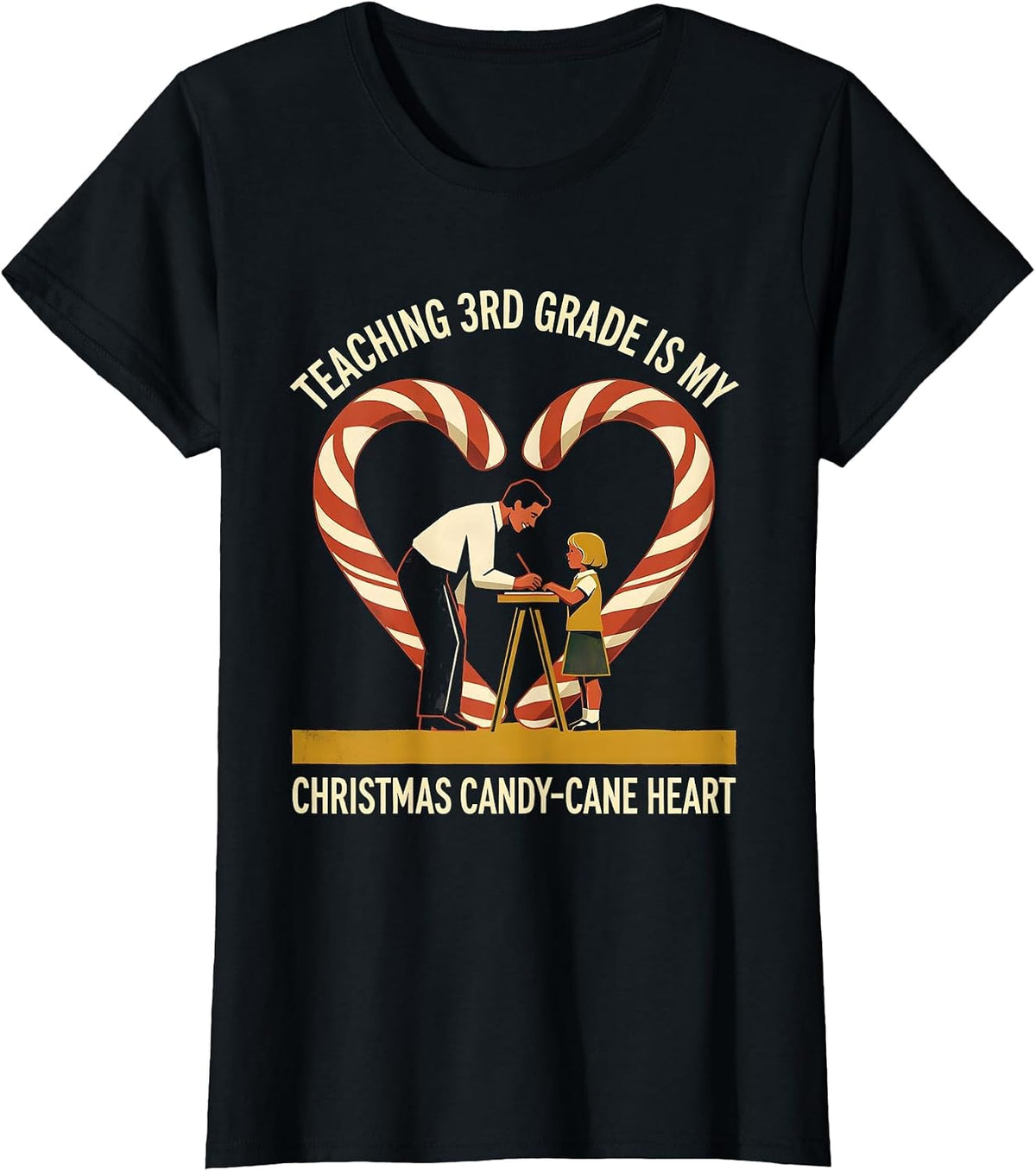 Women's Teaching 3rd Grade Is My Christmas Candy-Cane Heart Teacher T-Shirt - Black