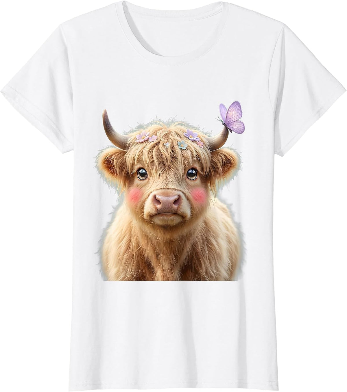Highland Cow with Butterfly on Horn Graphic T-Shirt - White