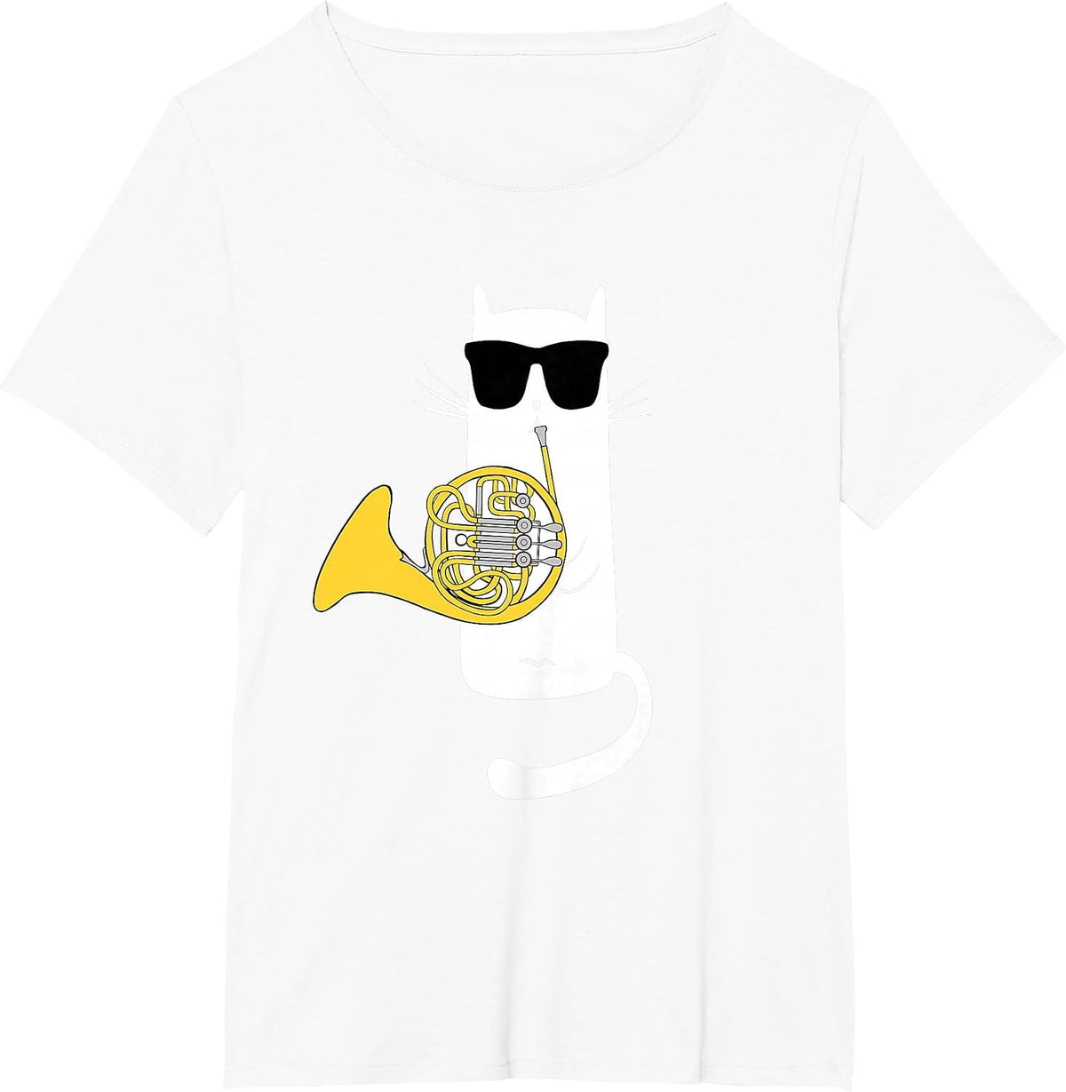 Funny Cat Wearing Sunglasses Playing French Horn T-Shirt - White