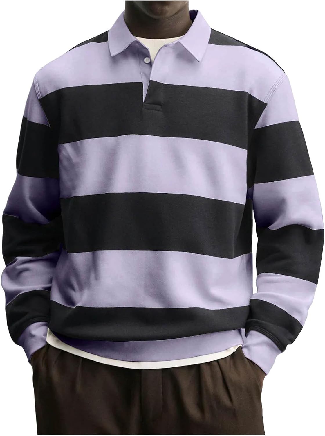 Men's Striped Rugby Shirts Long Sleeve Collar Sweatshirt Casual Tops - 01#purple