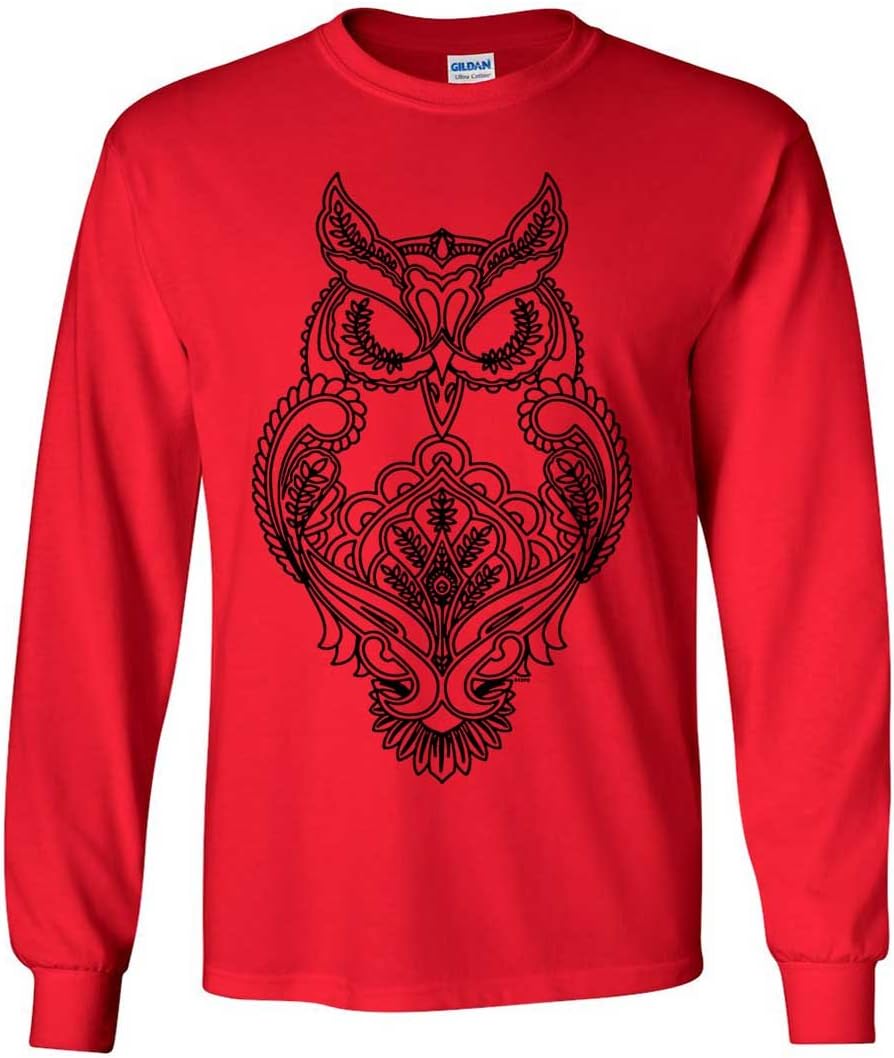 Mystical Owl Stencil Black Long Sleeve Shirt - Red