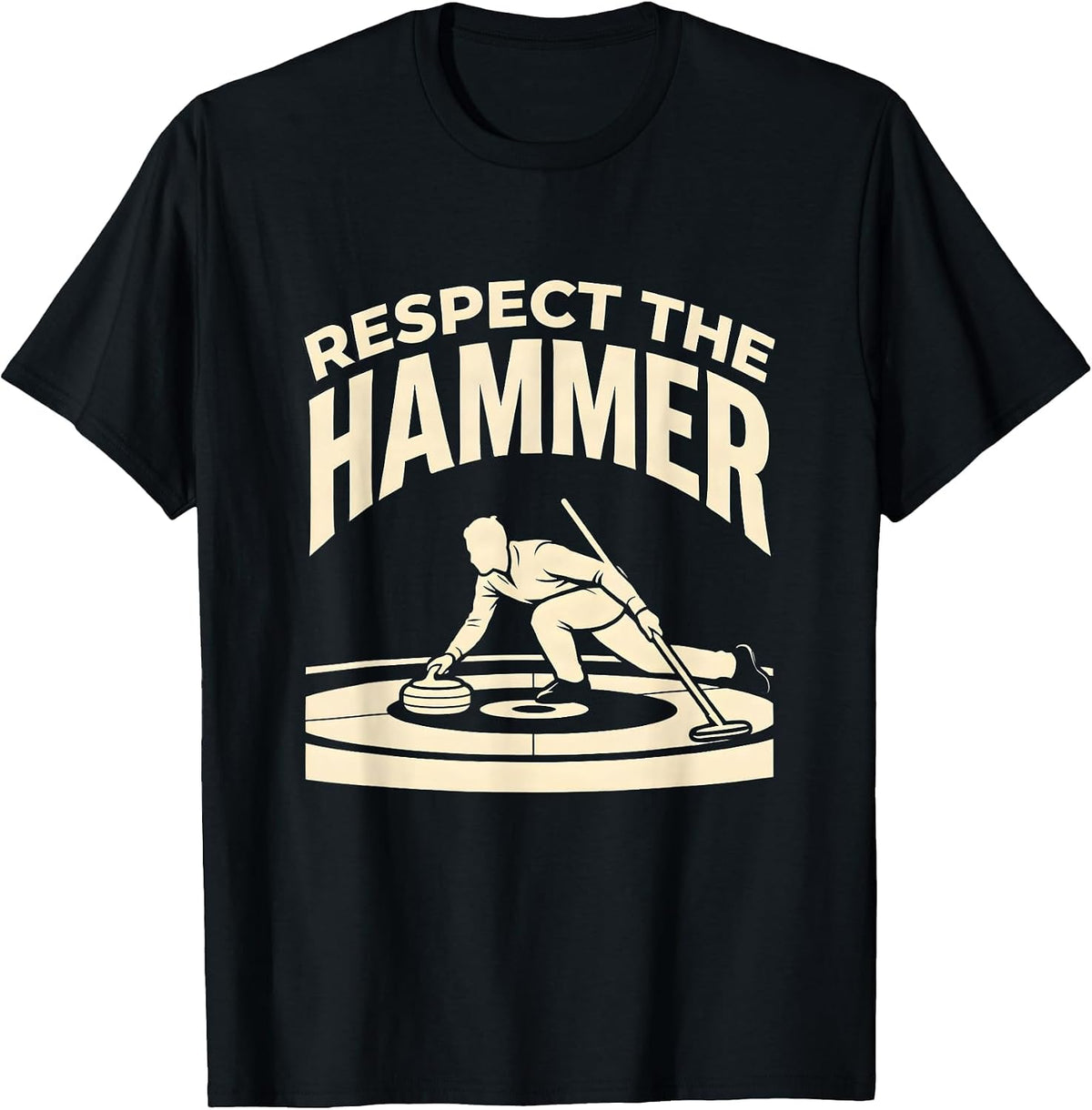 Men's Respect The Hammer Curling Stone Player Vintage Retro Humor T-Shirt - Black
