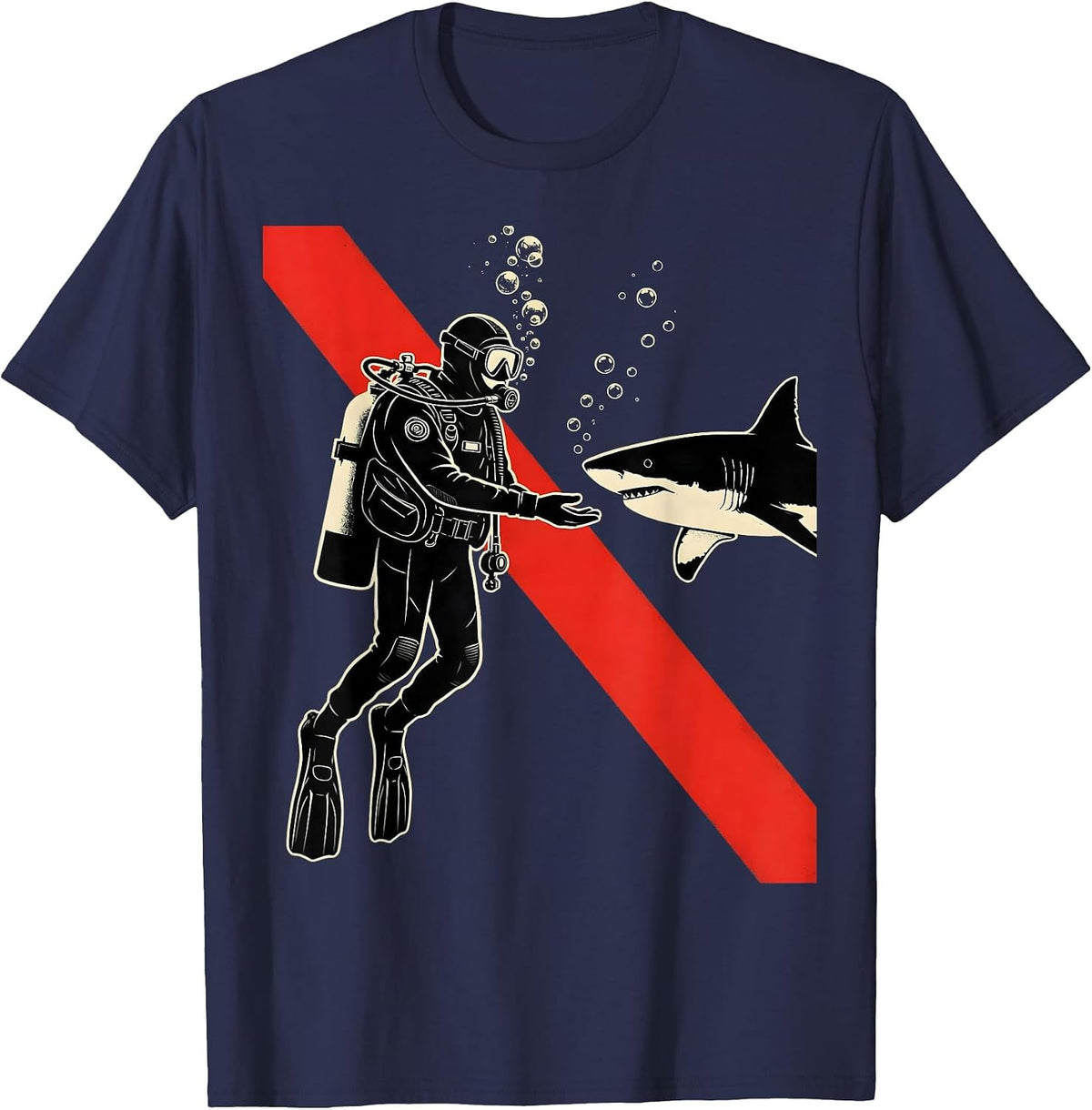 Diver Shark Flag Screenprint Poster Scuba Diving Gift T-Shirt - Navy Blue