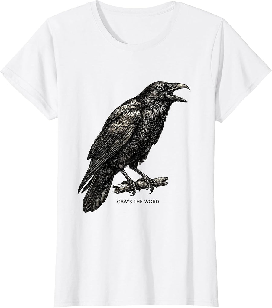 Women's Caw's The Word Dark Humor Crow Raven Bird Lover Gothic T-Shirt - White
