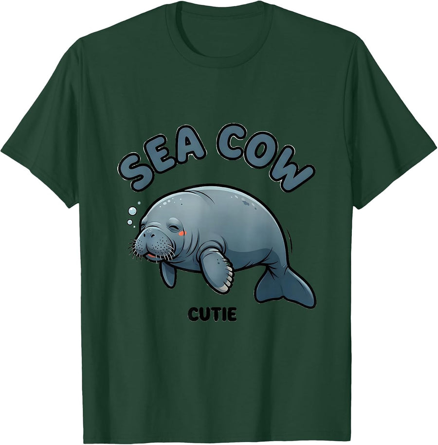 Men's Sea Cow Cutie Cartoon Manatee Sea Animal Lover Humor T-Shirt - Dark Green