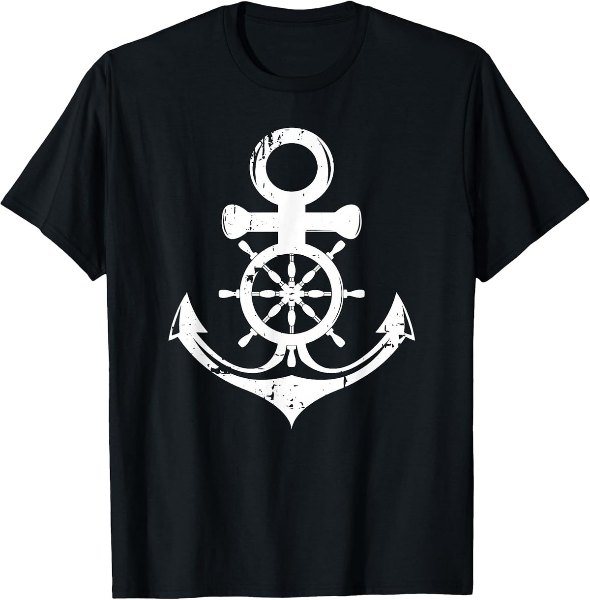Anchor with Ship Steering Wheel Nautical Vintage Sailor T-Shirt - Black