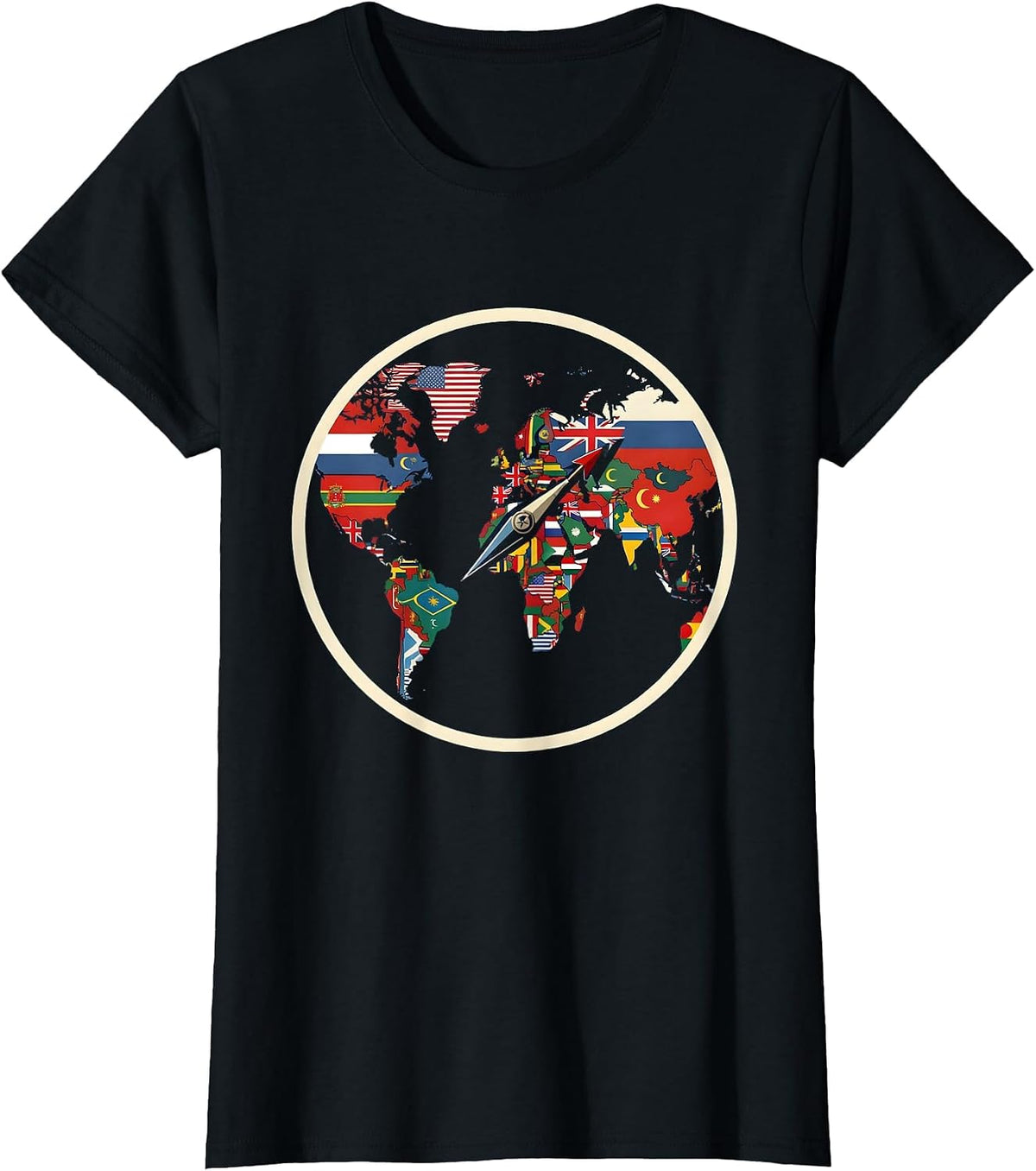 Women's World Flags Map Shield Badge Geography Lover Travel T-Shirt - Black
