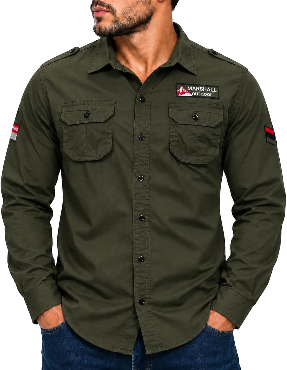 FREDD MARSHALL Men's Long Sleeve Cotton Military Work Shirt - #115 Army Green