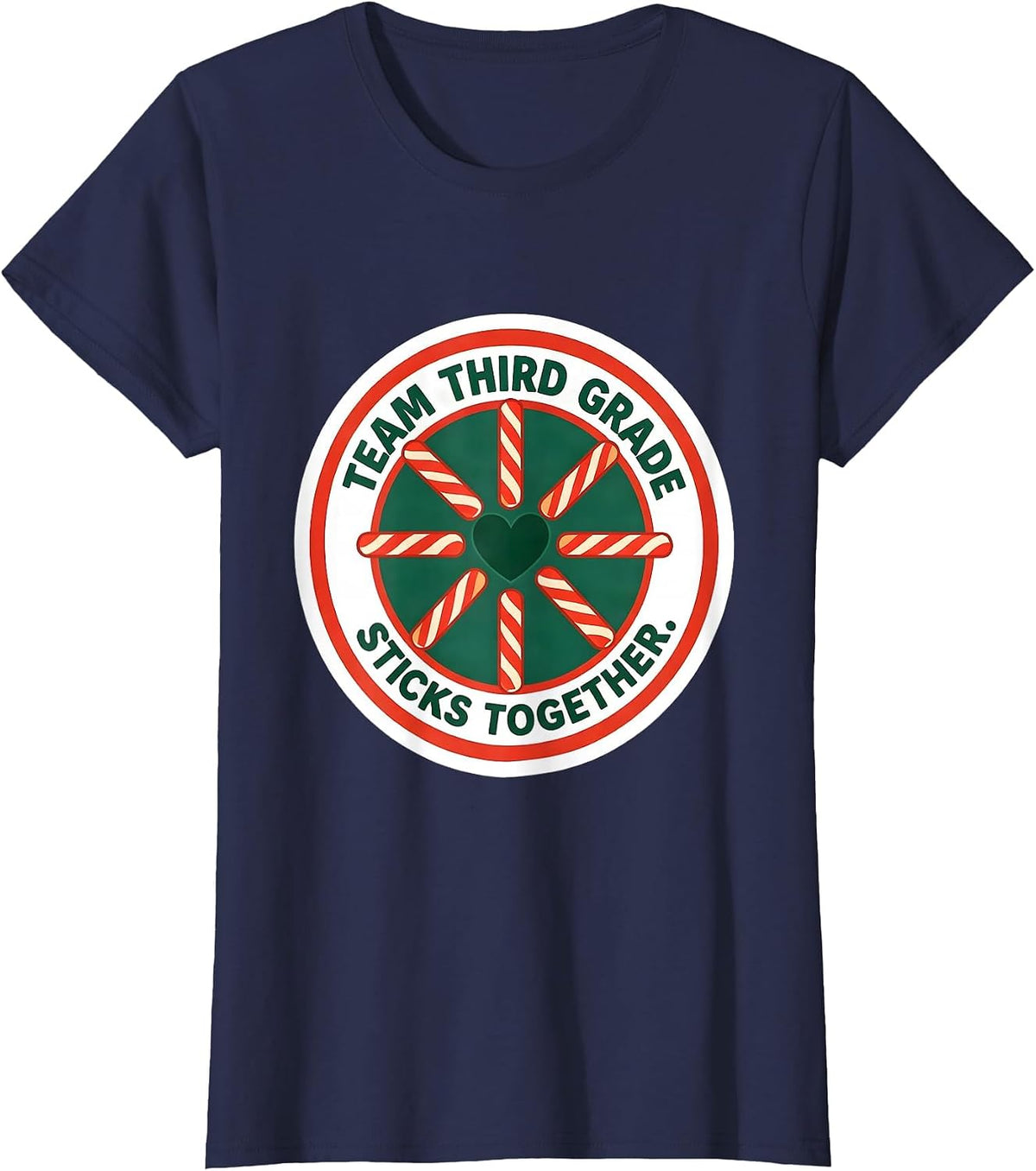 Women's Team Third Grade Sticks Together Christmas Candy Cane T-Shirt - Navy Blue
