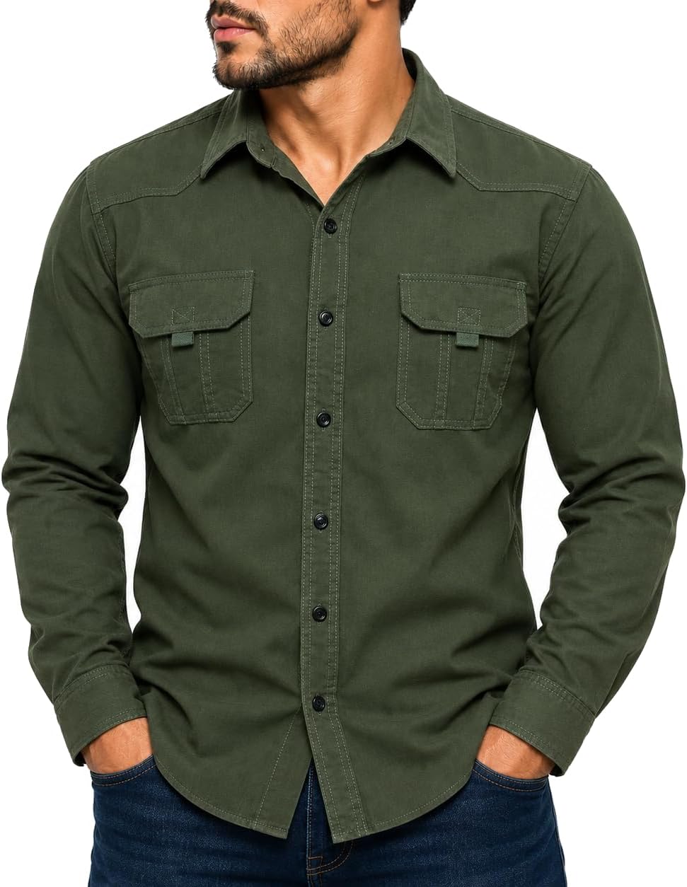 FREDD MARSHALL Men's Long Sleeve Cotton Denim Button-Down Shirt - Army Green