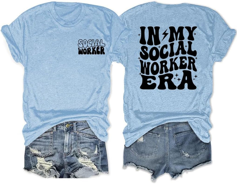 Social Worker Shirt for Women, Gift for Social Worker, Retro T Shirt Vintage Graphic Tee Short Sleeve Tops - Light Blue