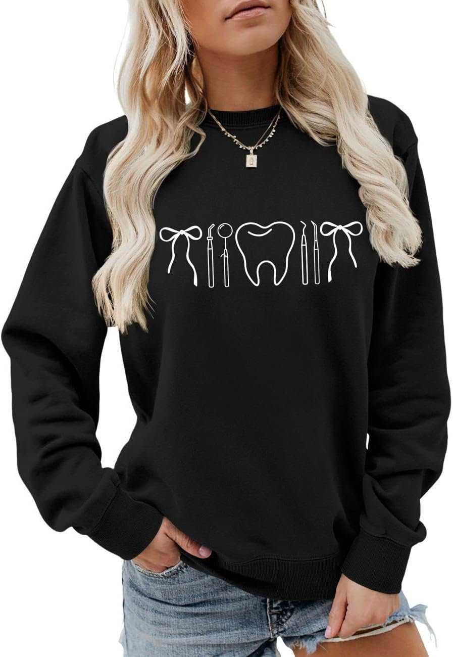 Dental Hygienist Sweatshirt, Dentist Assistant Sweater Womens Teeth Tools Bow Pattern Long Sleeve Pullover Top - Black