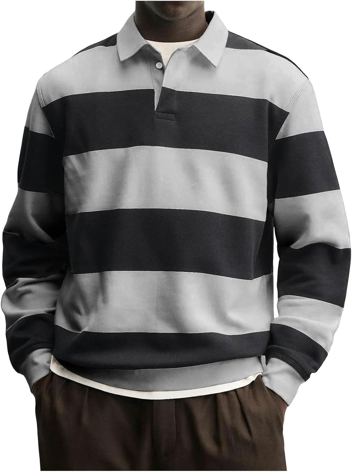 Men's Striped Rugby Shirts Long Sleeve Collar Sweatshirt Casual Tops - 01#gray