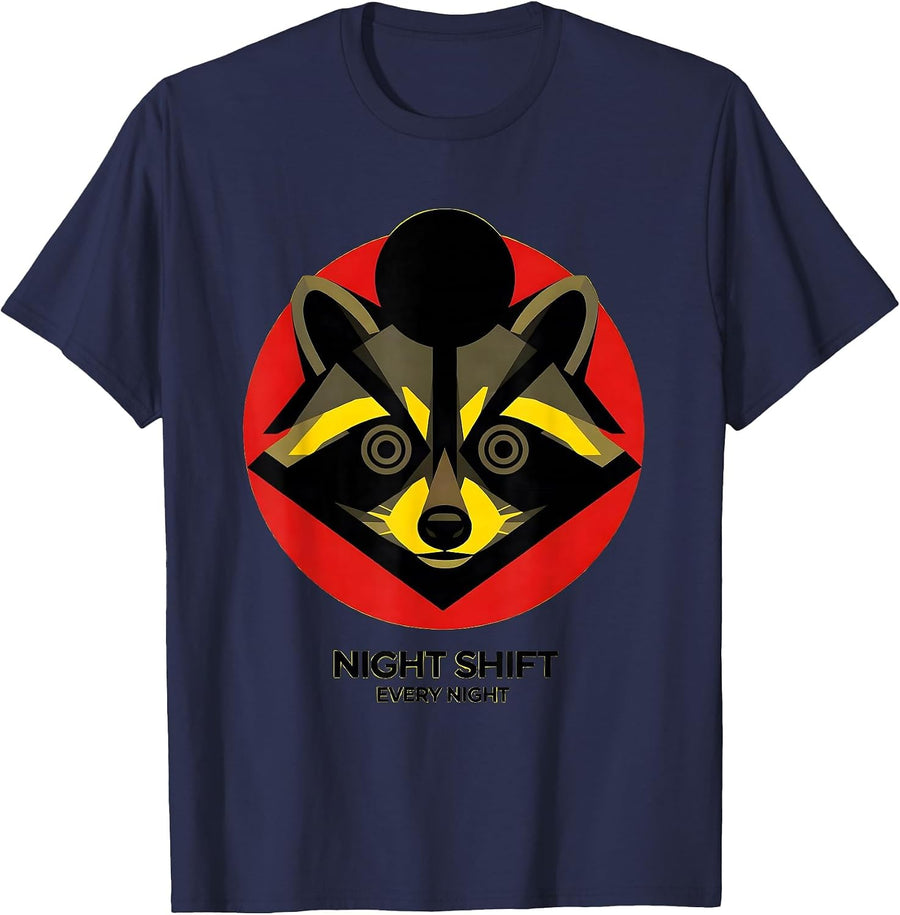 Night Shift Every Night Raccoon Graphic Design T-Shirt - Navy Blue
