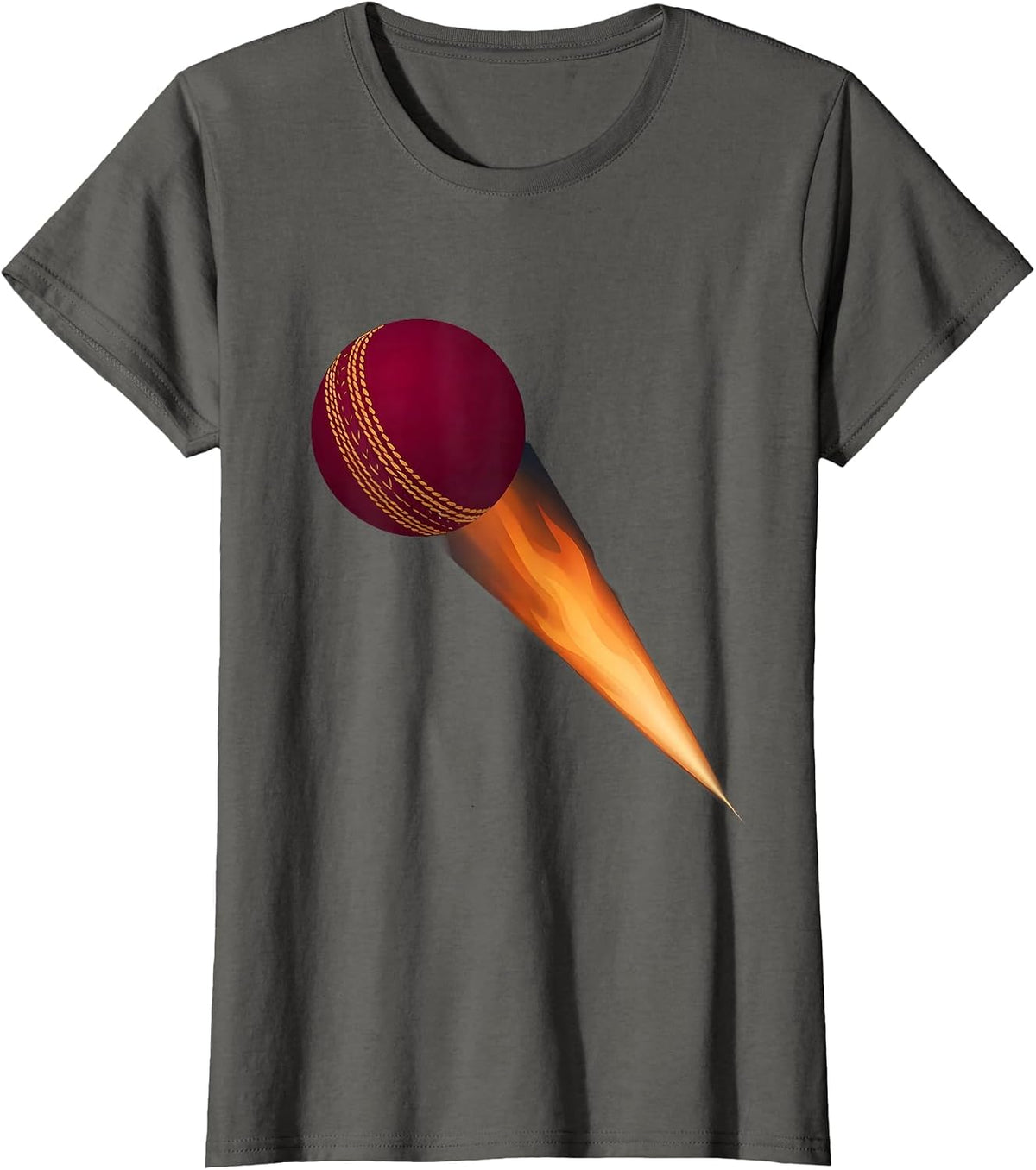 Women's Cricket Ball on Fire Blazing Through Dark Sky T-Shirt - Asphalt Grey