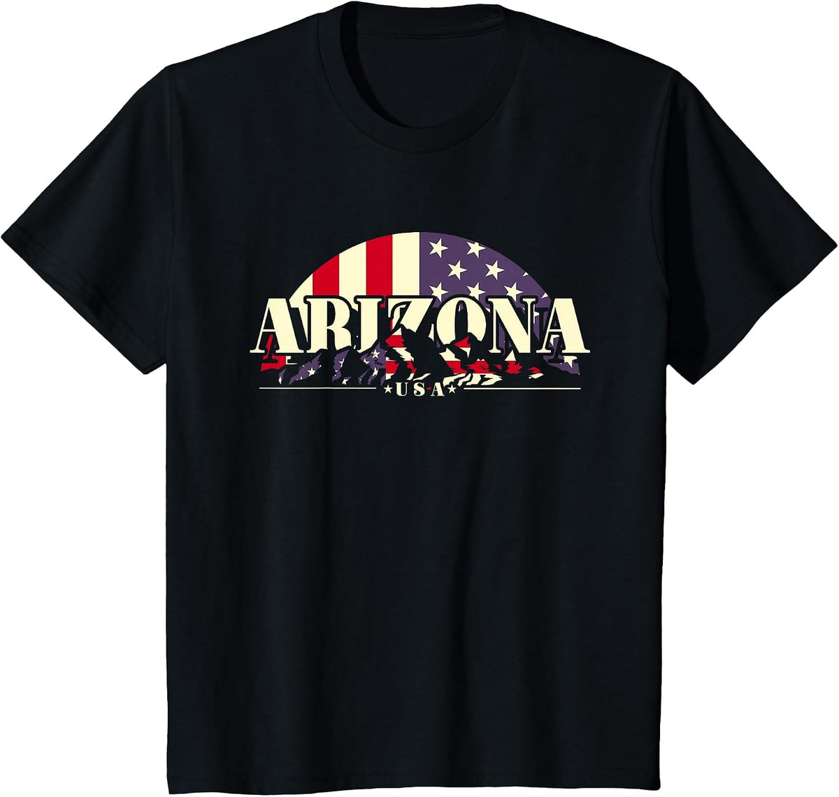 Arizona and American Flag, Vintage Mountain Nature Hiking T-Shirt - Black