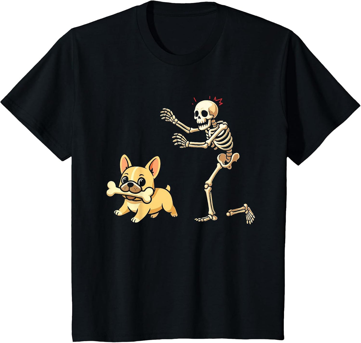 Halloween Dog Funny Skeleton Chasing French Bulldog T-Shirt - Black