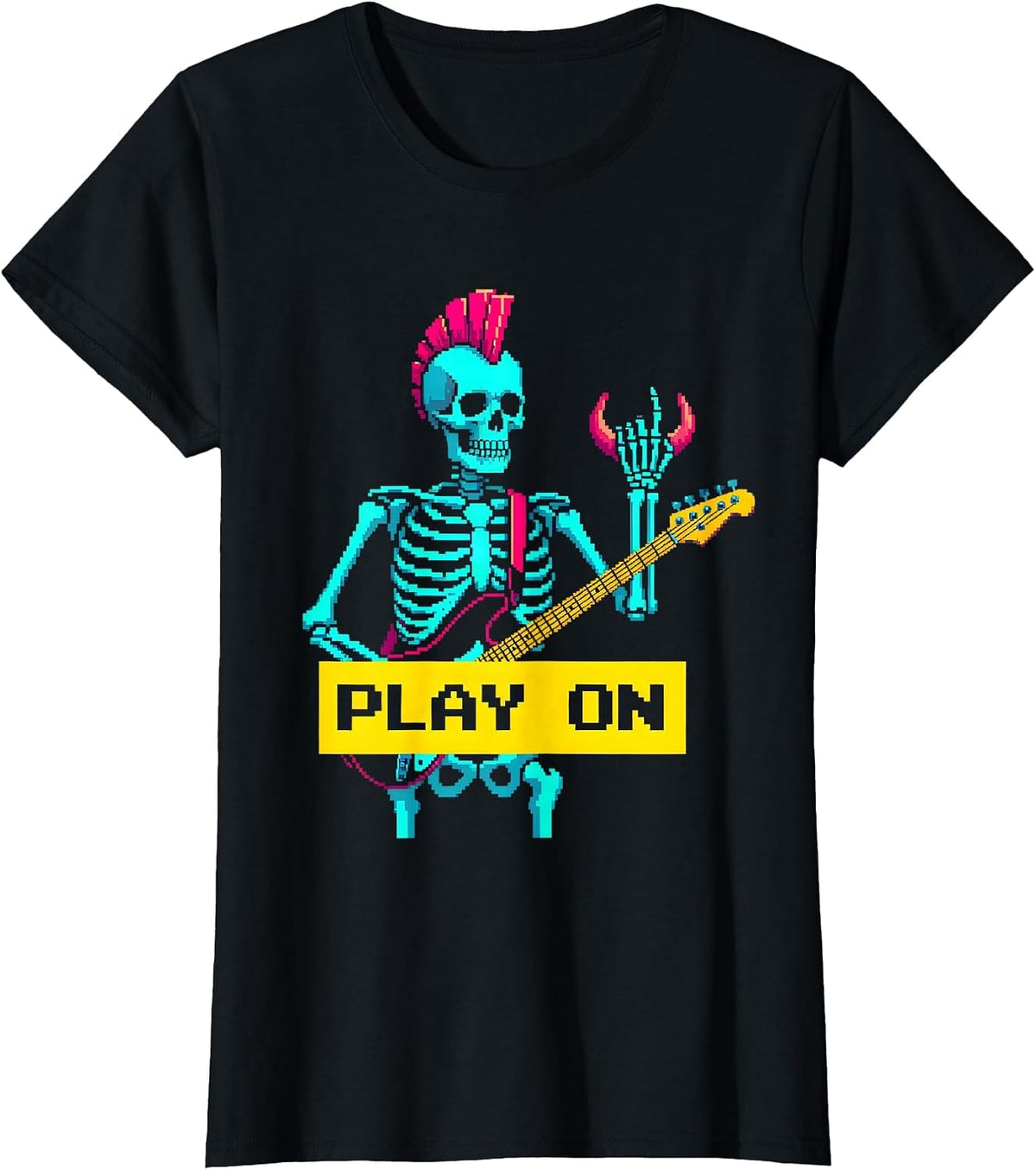 Play On Pixel Art Punk Rock Skeleton Skull Halloween Music T-Shirt - Black