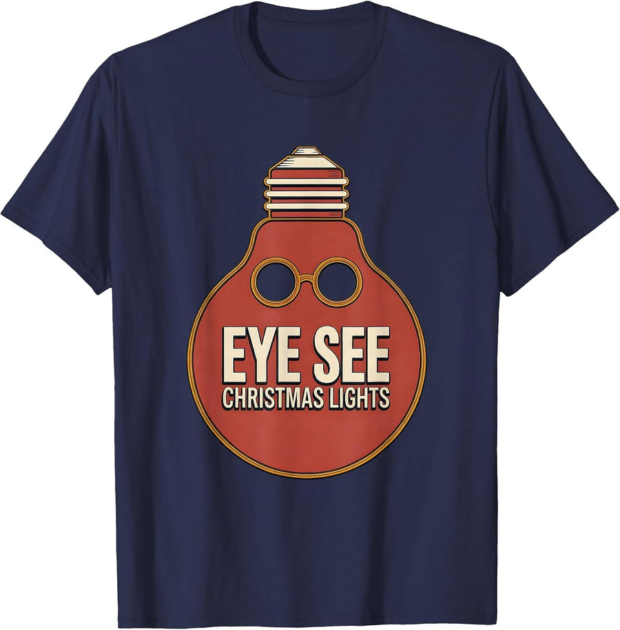 Eye See Christmas Lights Wood Type Letterpress Optometrist T-Shirt - Navy Blue