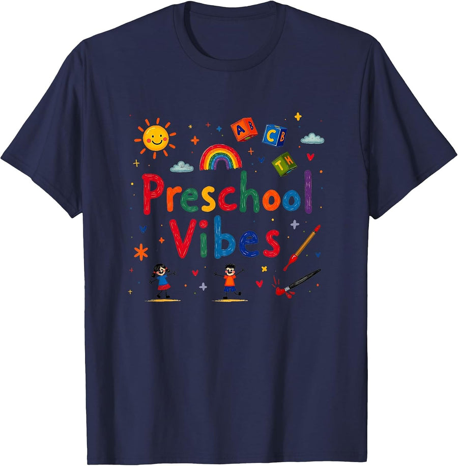 Preschool Vibes: Colorful Learning Adventure for Kids T-Shirt - Navy Blue